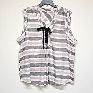 William Rast lace front v-neck cotton gauze tank striped pink gray white 3X